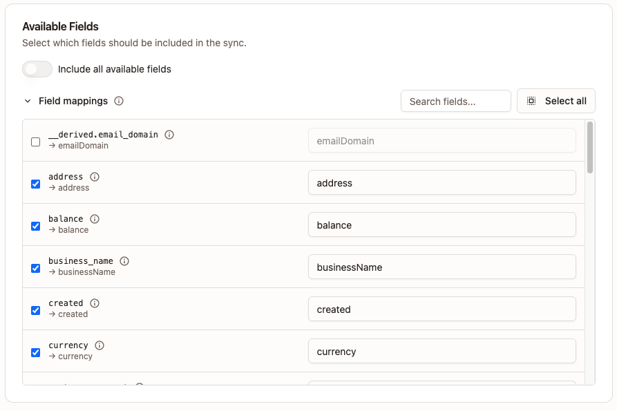 Stripe Step 1 - Available Fields