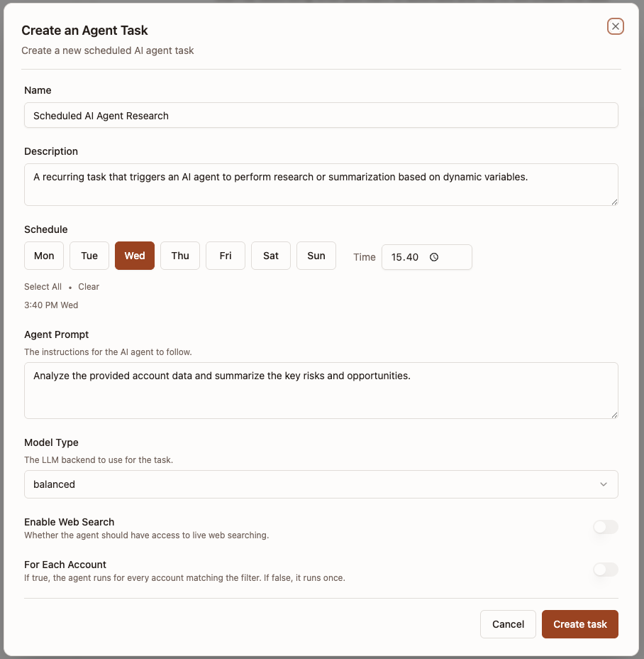 Task creation dialog
